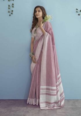 Purple Woven Zari Work Poly Cotton Saree Set