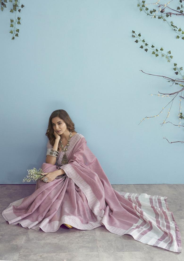 Purple Woven Zari Work Poly Cotton Saree Set - Indya