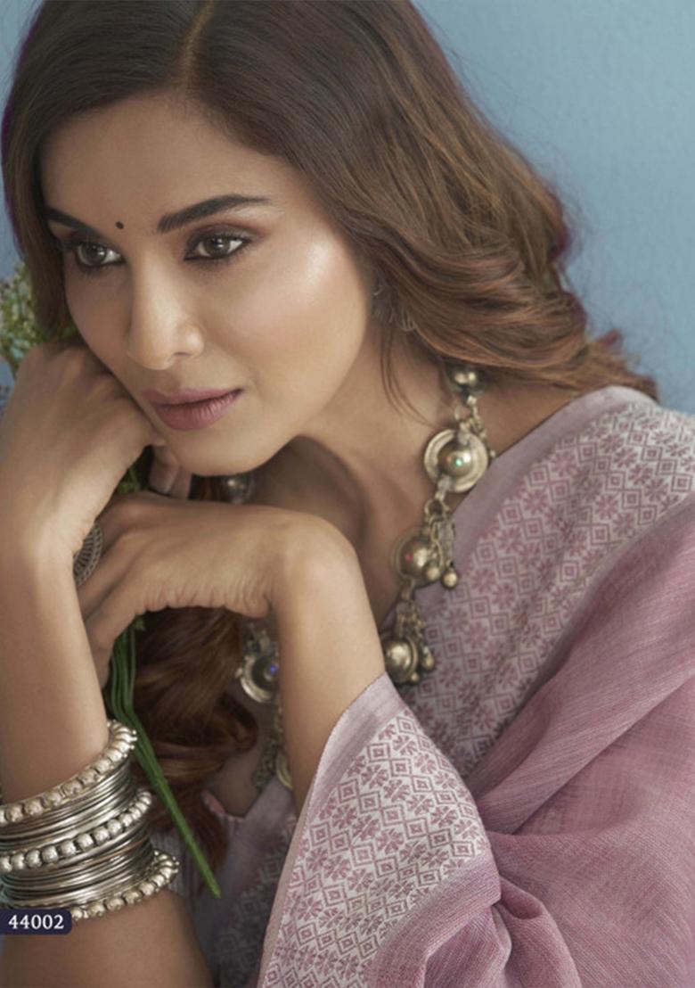 Purple Woven Zari Work Poly Cotton Saree Set - Indya