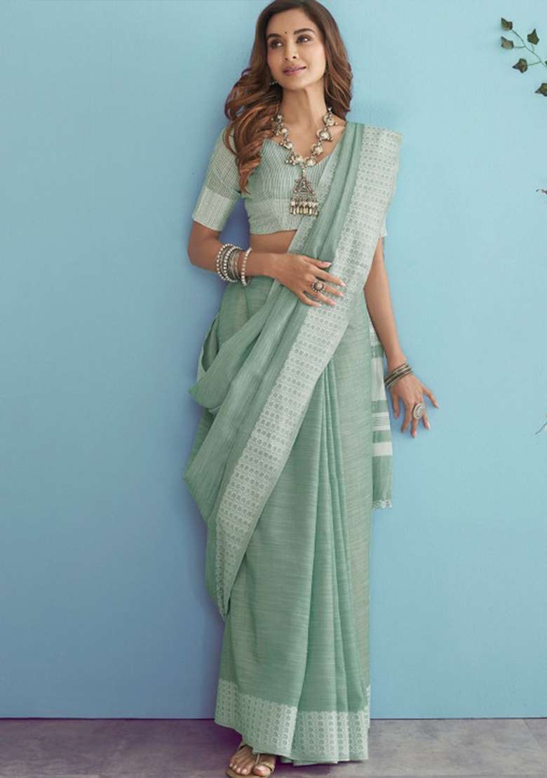 Sea Green Woven Zari Work Poly Cotton Saree Set for Diwali and Festive Wear - Indya