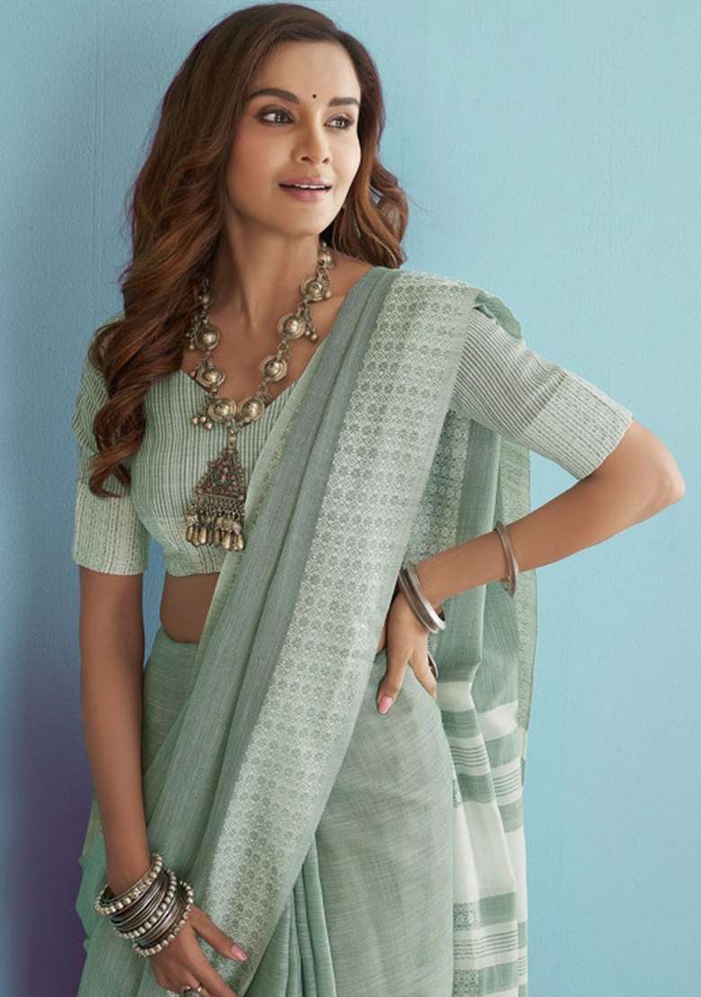 Sea Green Woven Zari Work Poly Cotton Saree Set for Diwali and Festive Wear - Indya