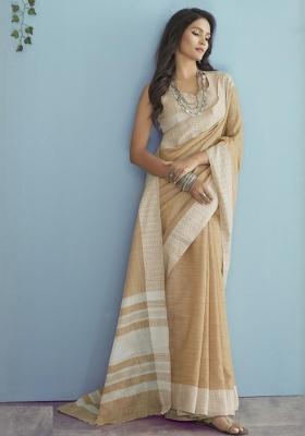 Beige Woven Zari Work Poly Cotton Saree Set