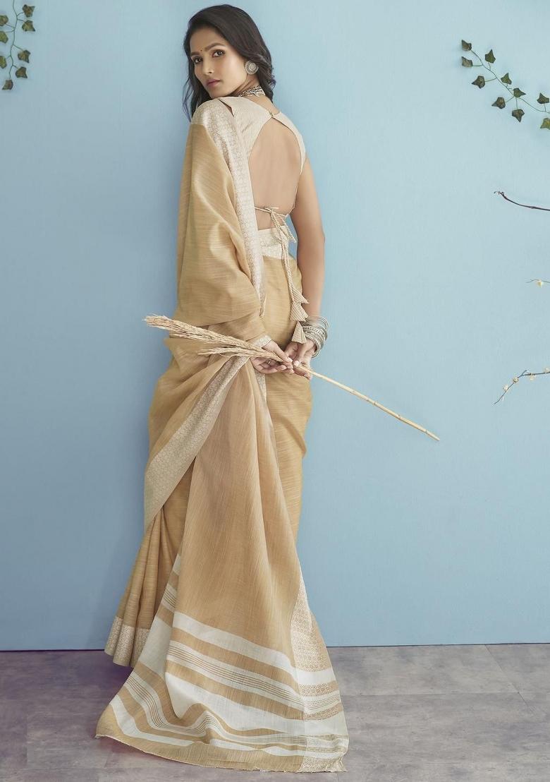 Beige Woven Zari Work Poly Cotton Saree Set - Indya