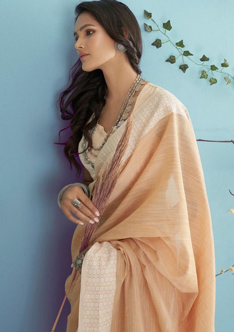 Beige Woven Zari Work Poly Cotton Saree Set - Indya