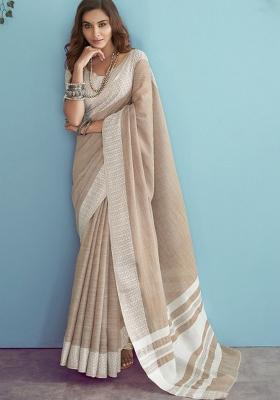 Brown Woven Zari Work Poly Cotton Saree Set