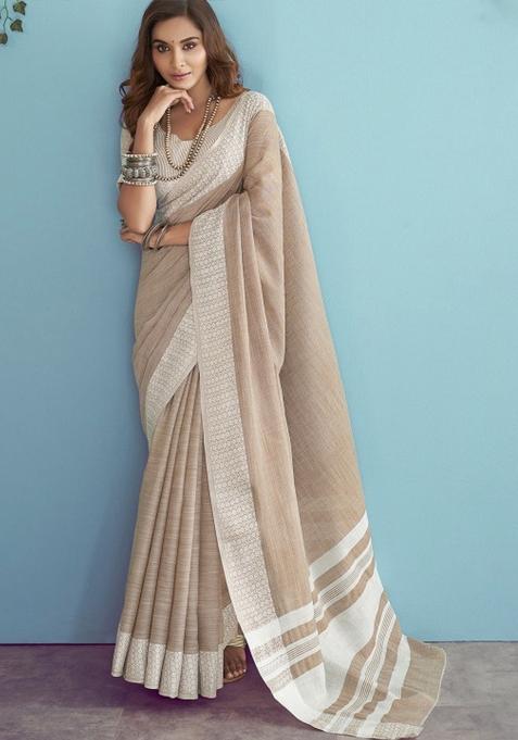 Brown Woven Zari Work Poly Cotton Saree Set