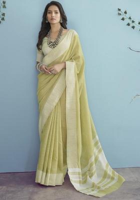 Pista Green Woven Zari Work Poly Cotton Saree Set
