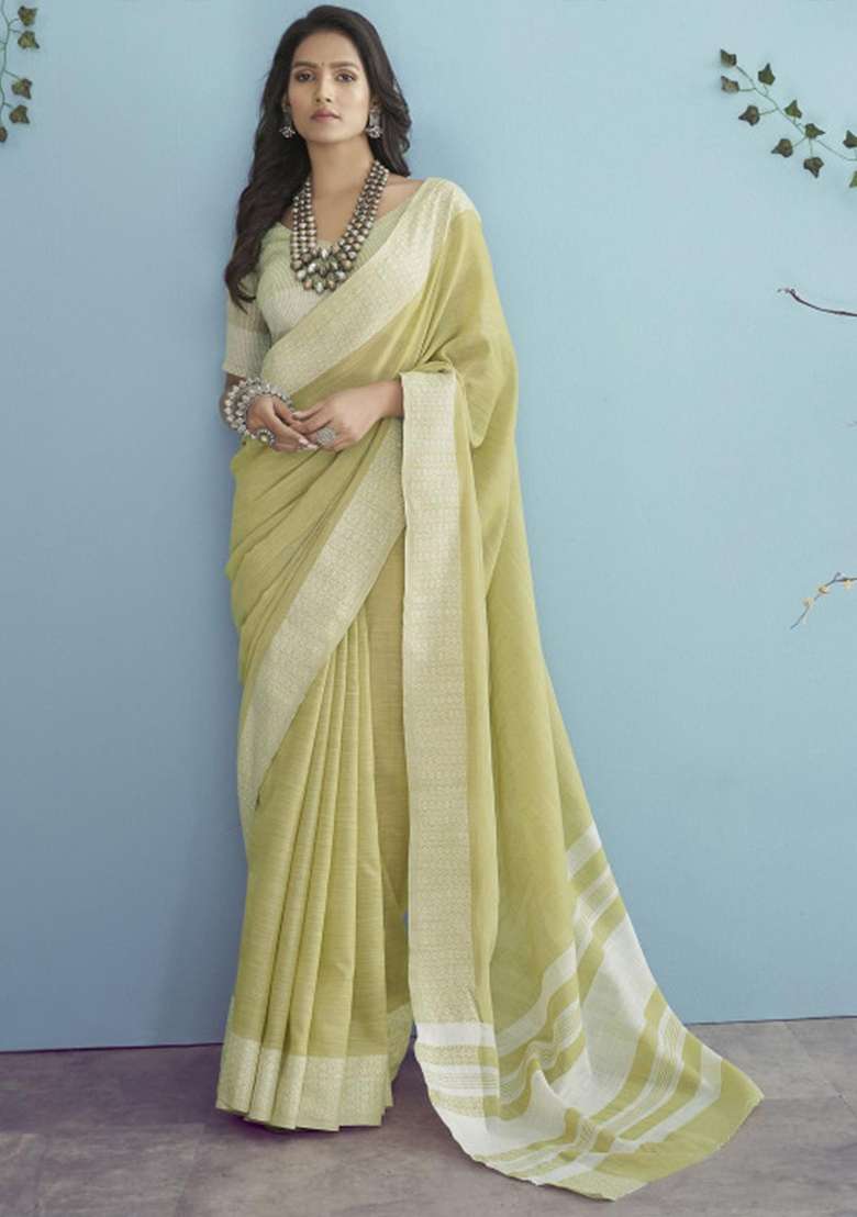 Pista Green Woven Poly Cotton Saree Set with Zari Work for Diwali | Wedding & Festive Wear - Indya