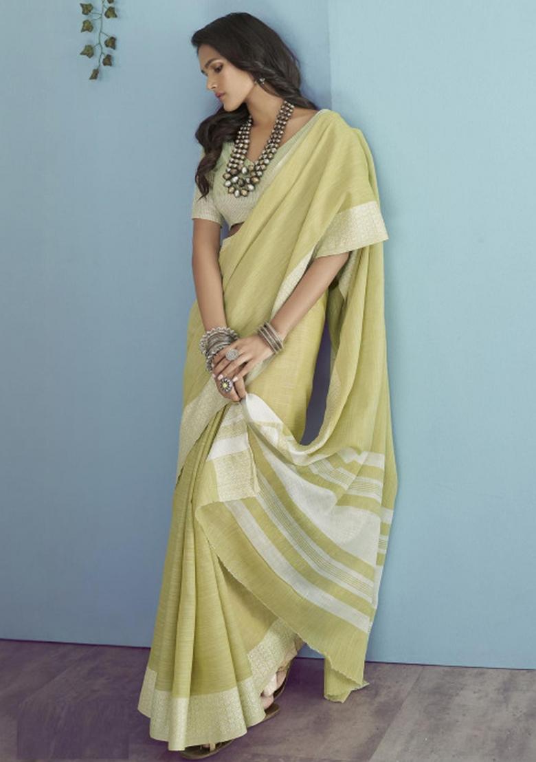 Pista Green Woven Zari Work Poly Cotton Saree Set - Indya