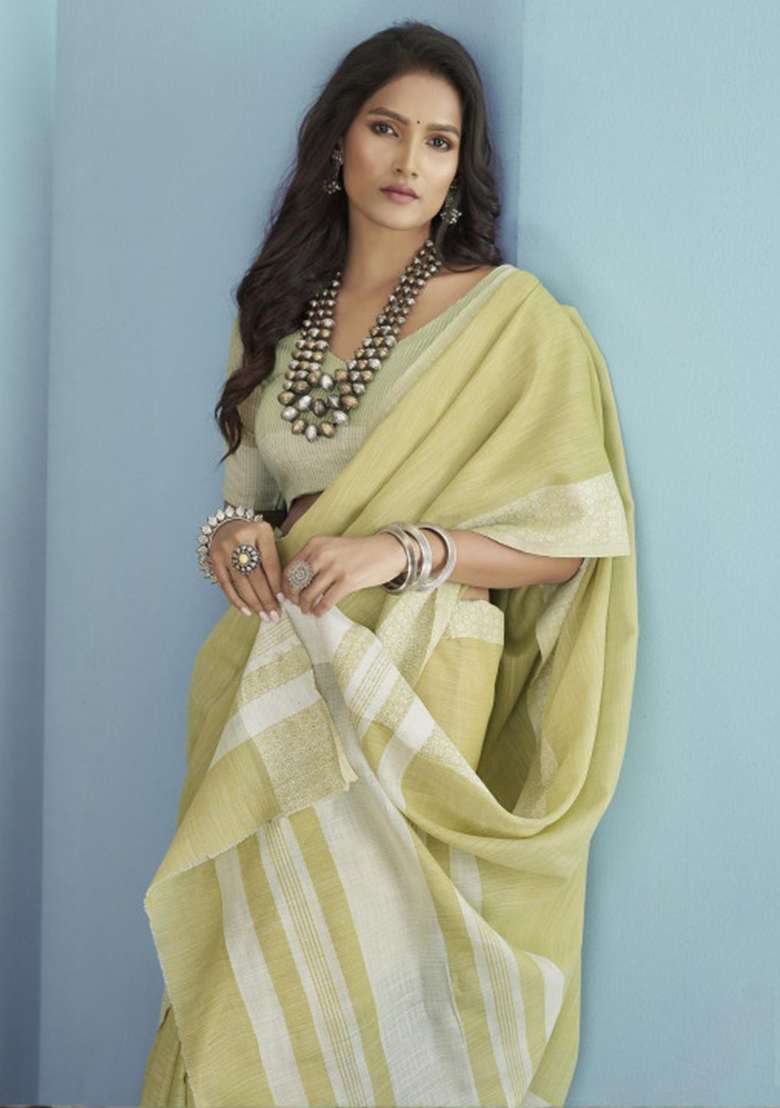 Pista Green Woven Poly Cotton Saree Set with Zari Work for Diwali | Wedding & Festive Wear - Indya