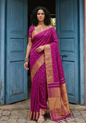 Magenta Woven Zari Work Silk Saree Set