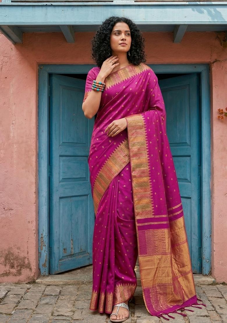 Magenta Woven Zari Work Silk Saree Set - Indya