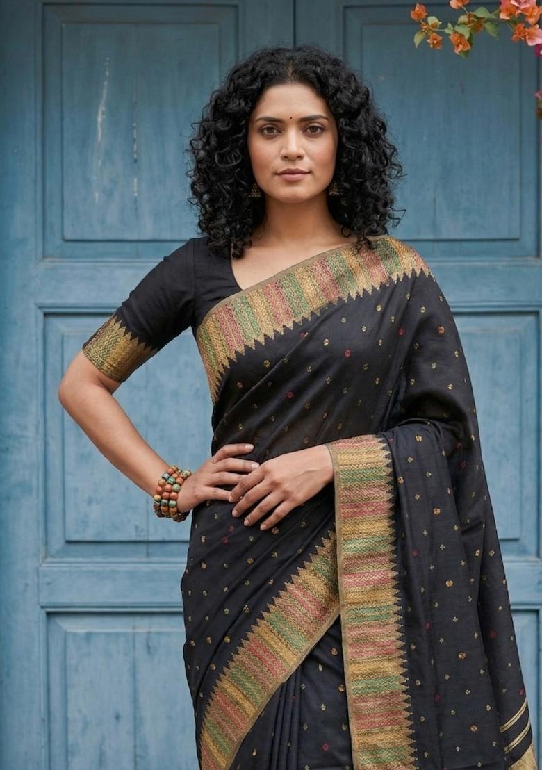 Black Woven Zari Work Silk Saree Set - Indya