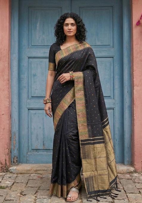 Black Woven Zari Work Silk Blend Saree Set