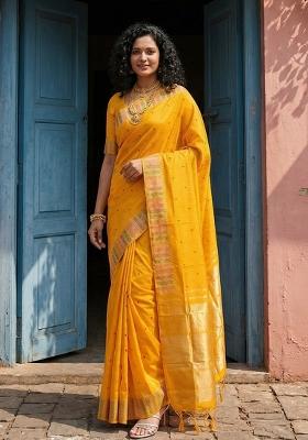Yellow Woven Zari Work Silk Saree Set
