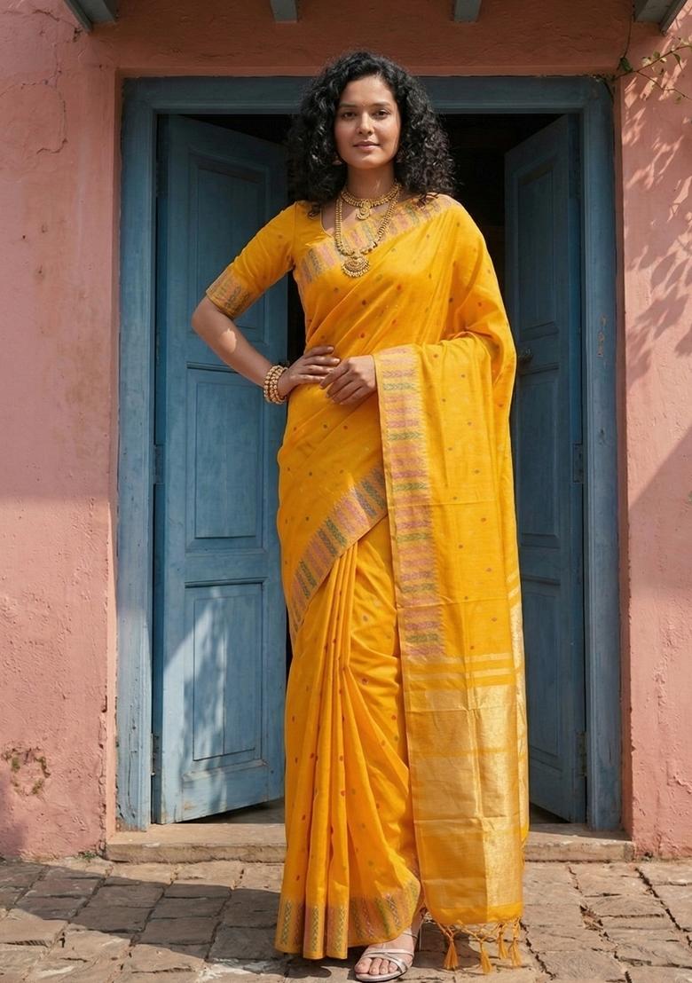 Yellow Woven Zari Work Silk Saree Set - Indya