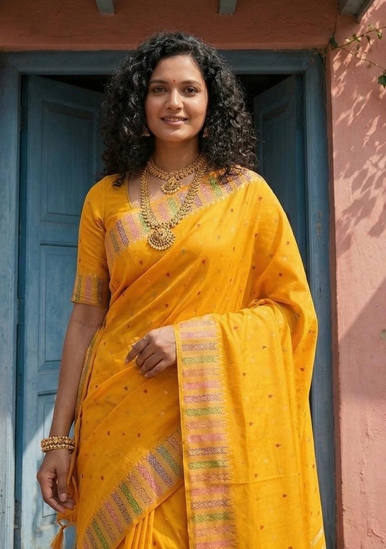 Yellow Woven Zari Work Silk Saree Set - Indya