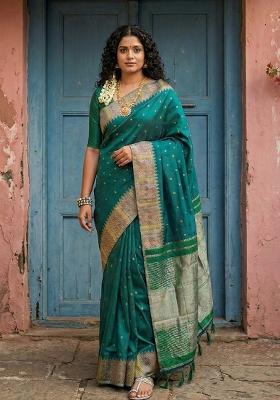 Bottle Green Woven Zari Work Silk Saree Set