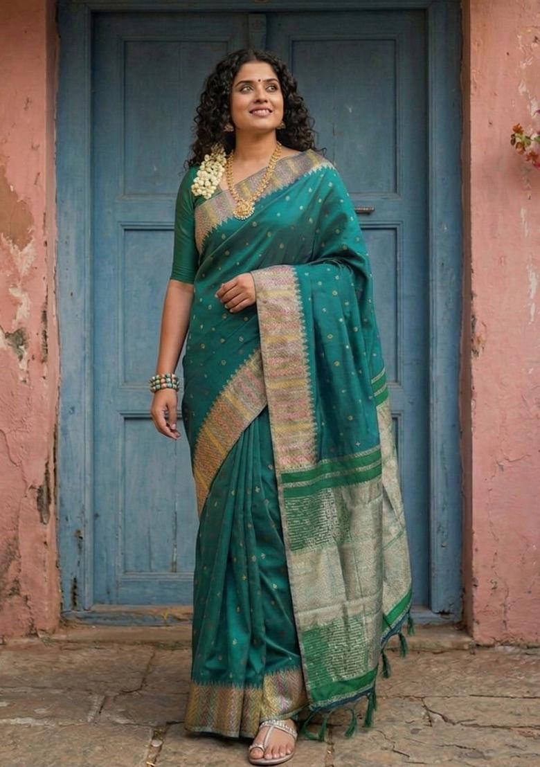 Bottle Green Woven Zari Work Silk Saree Set - Indya