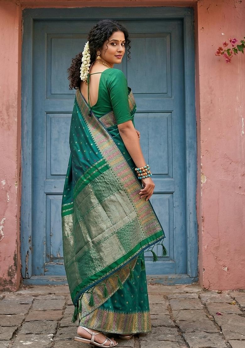 Bottle Green Woven Zari Work Silk Saree Set - Indya