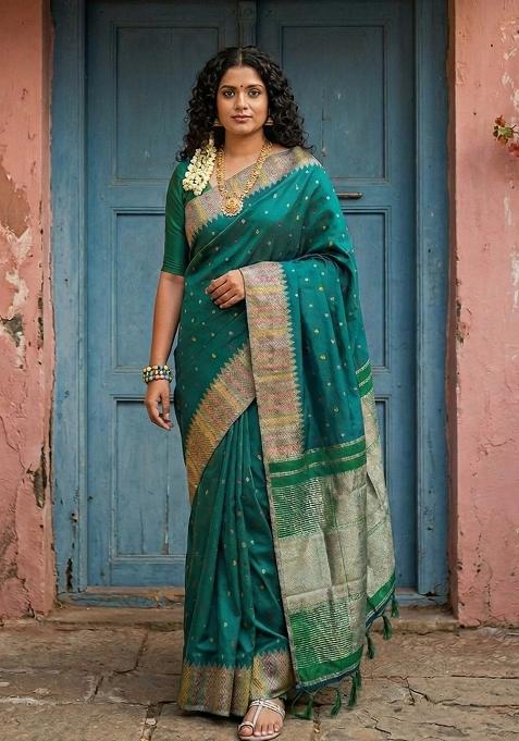 Bottle Green Woven Zari Work Silk Blend Saree Set