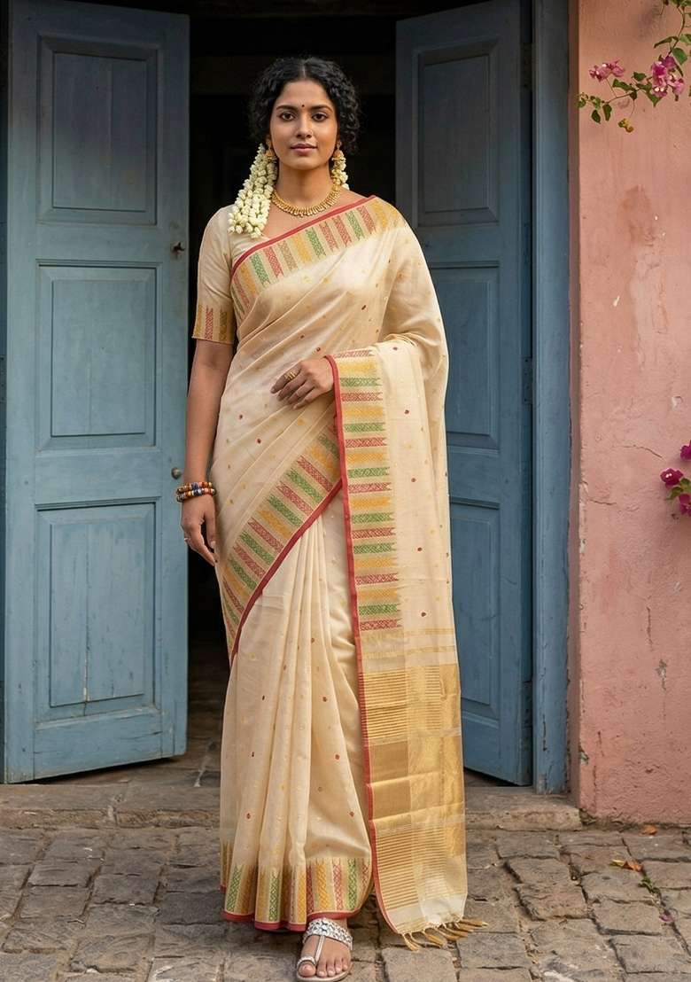 Cream Woven Zari Work Silk Blend Saree Set for Diwali and Festive Wear - Indya