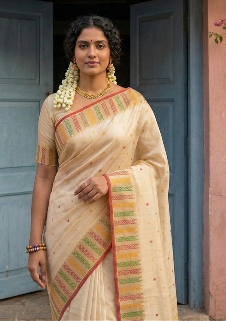 Cream Woven Zari Work Silk Saree Set - Indya