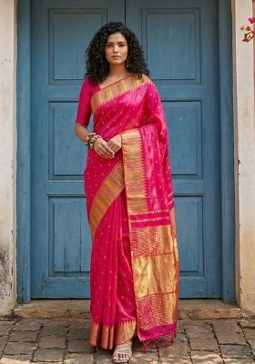 Pink Woven Zari Work Silk Saree Set