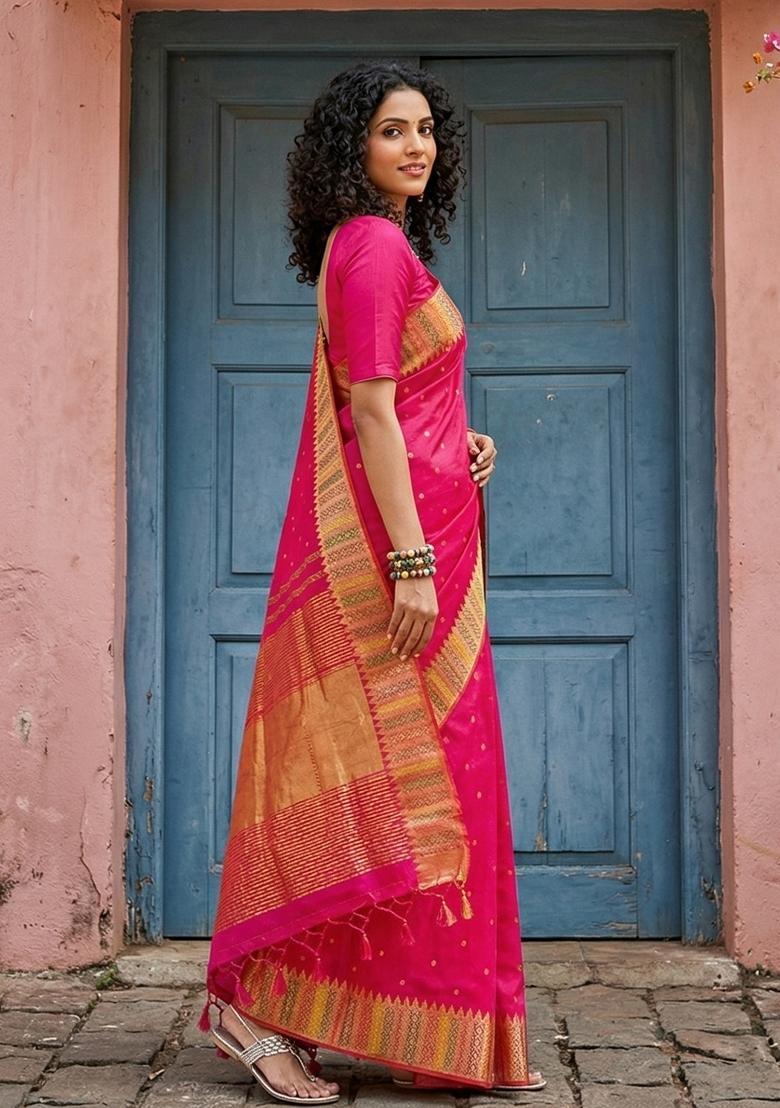Pink Woven Zari Work Silk Saree Set - Indya