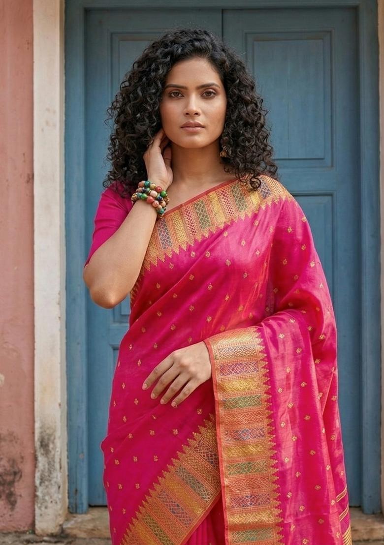 Pink Woven Zari Work Silk Saree Set - Indya