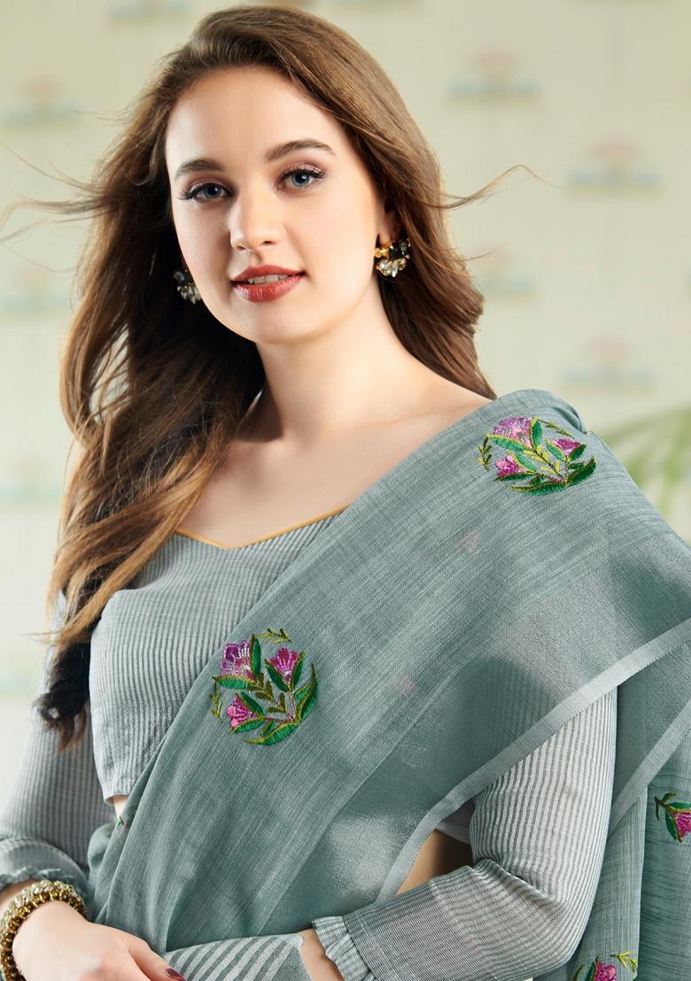 Sea Green Embroidered Poly Cotton Saree Set - Indya