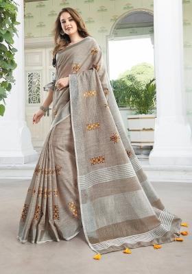 Brown Embroidered Poly Cotton Saree Set