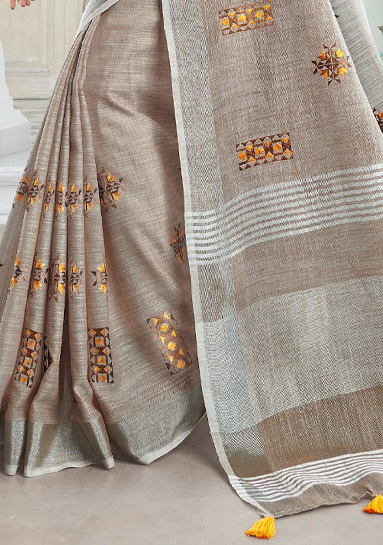 Brown Embroidered Poly Cotton Saree Set - Indya