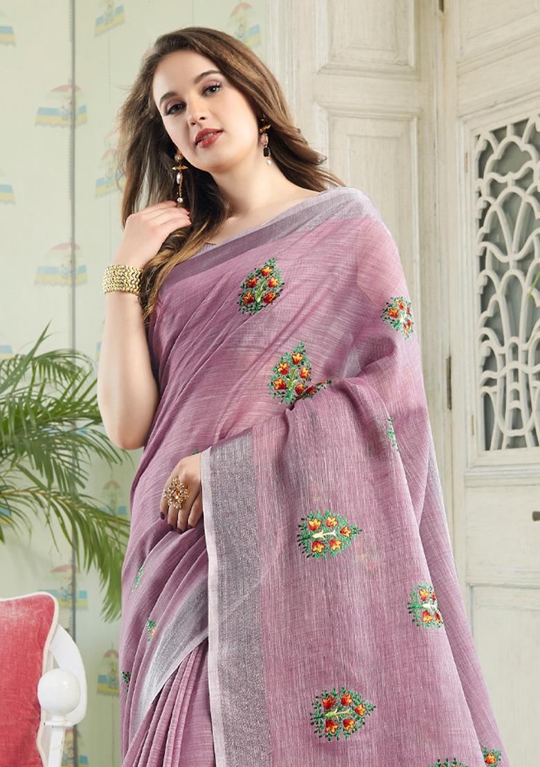 Purple Embroidered Poly Cotton Saree Set - Indya