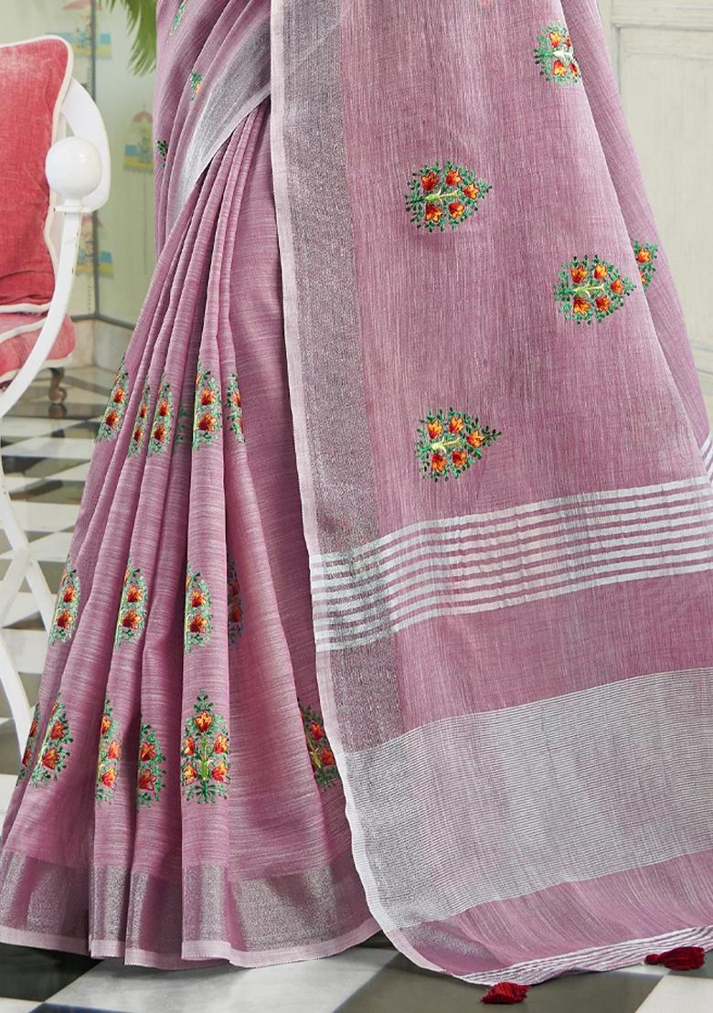Purple Embroidered Poly Cotton Saree Set - Indya