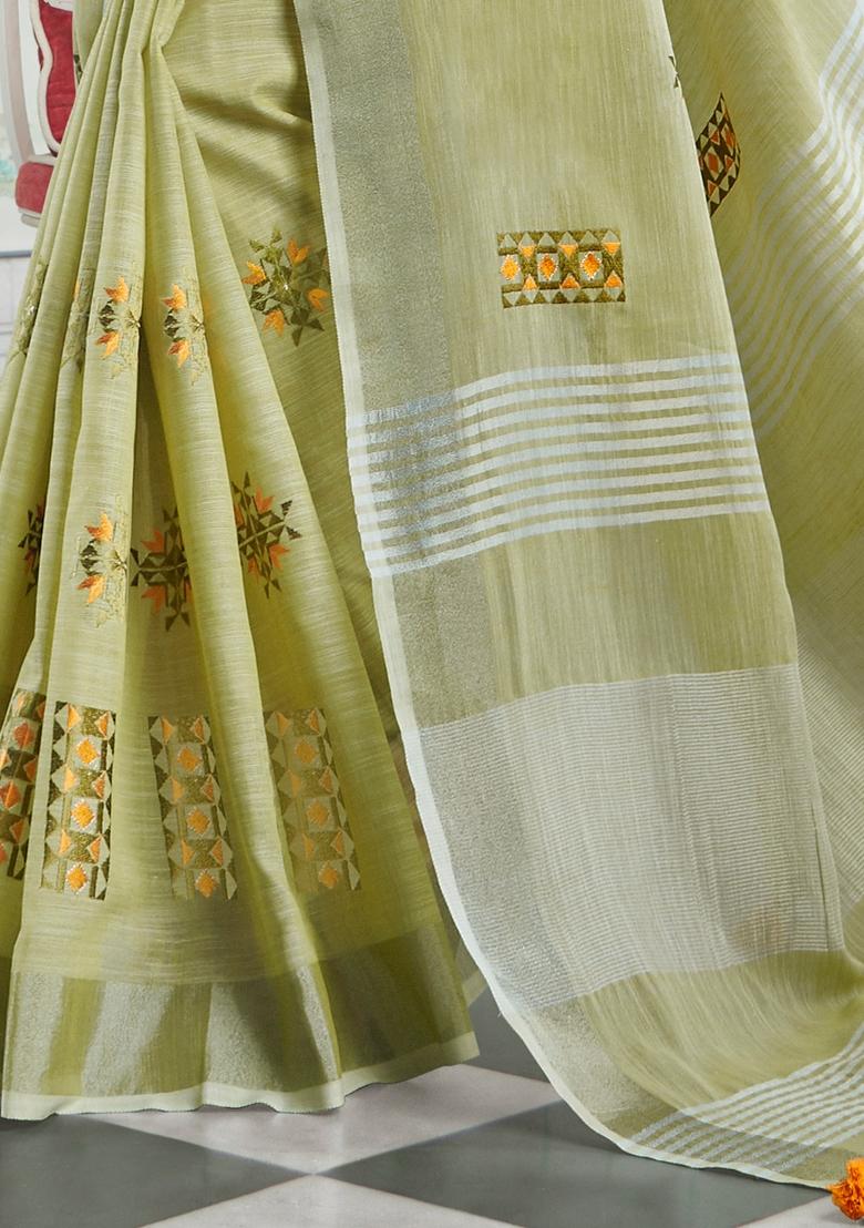 Light Green Embroidered Poly Cotton Saree Set - Indya