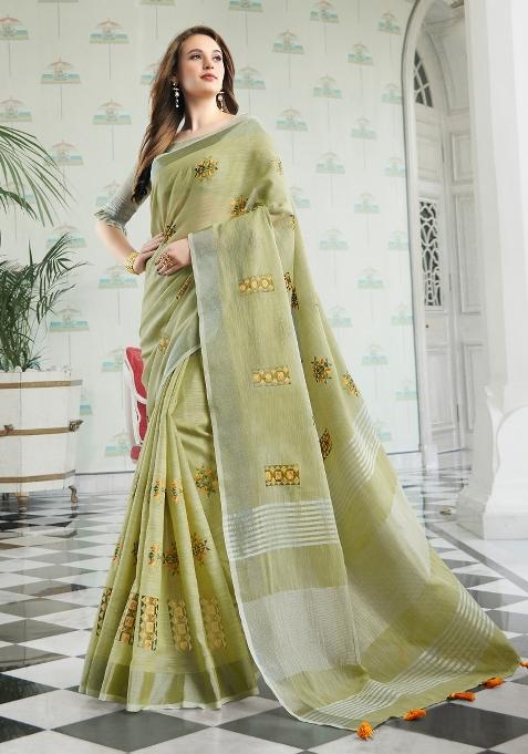 Light Green Embroidered Poly Cotton Saree Set