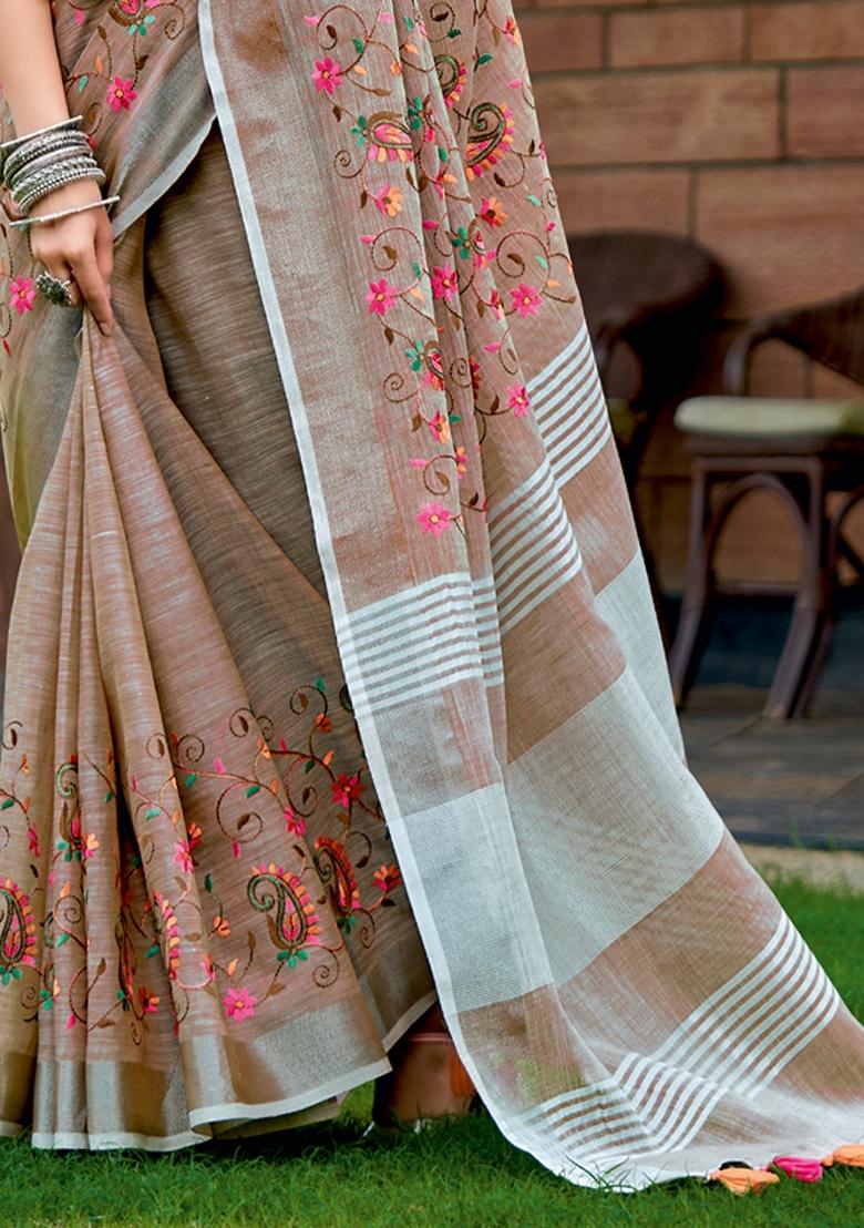 Brown Embroidered Poly Cotton Saree Set - Indya