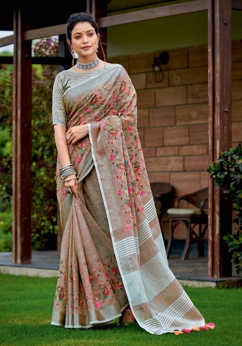 Brown Embroidered Poly Cotton Saree Set
