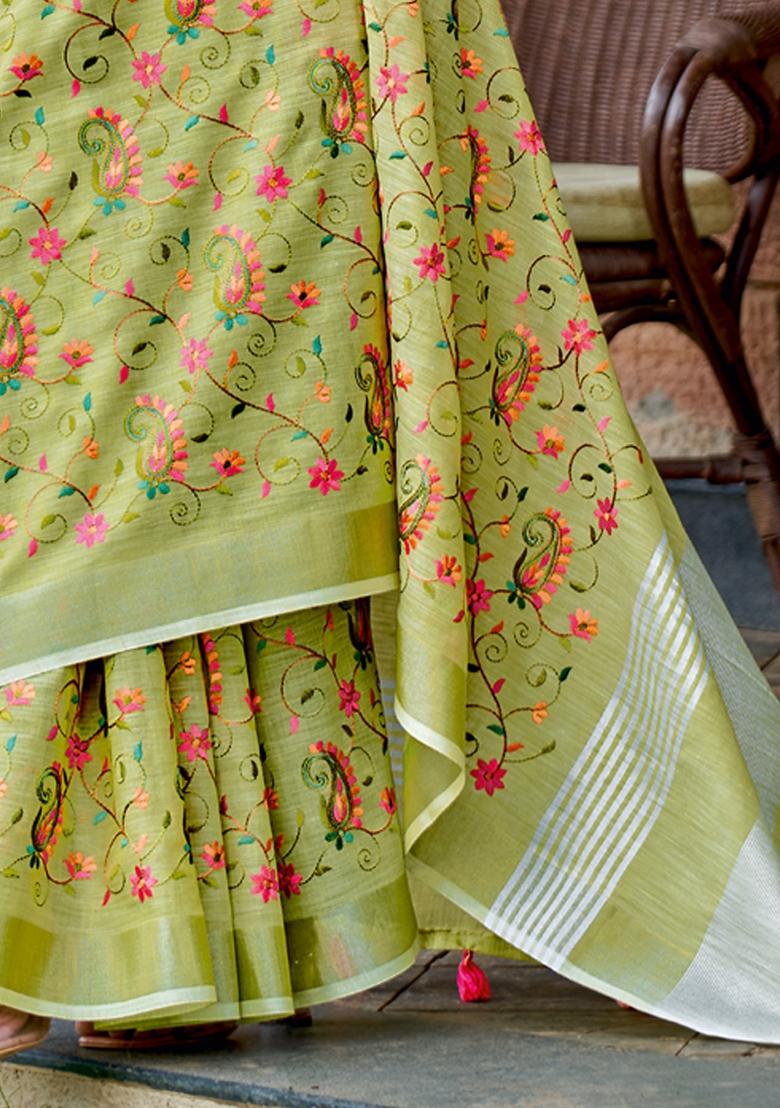 Light Green Embroidered Poly Cotton Saree Set - Indya