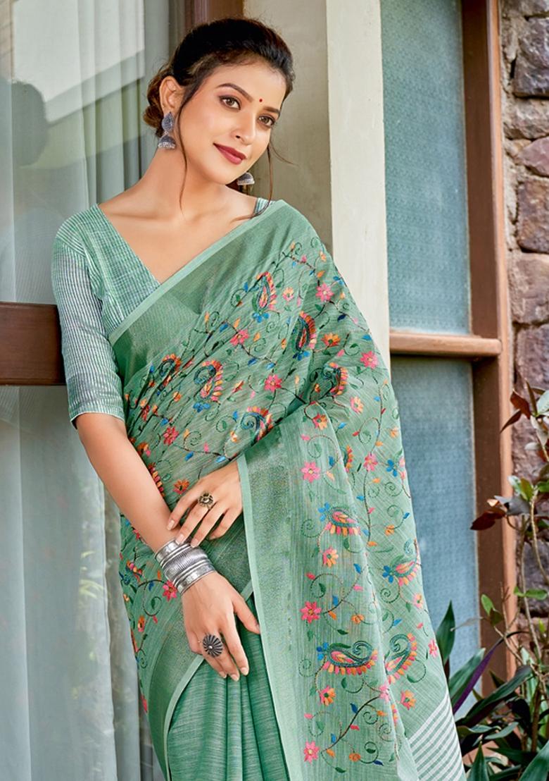 Sea Green Embroidered Poly Cotton Saree Set - Indya