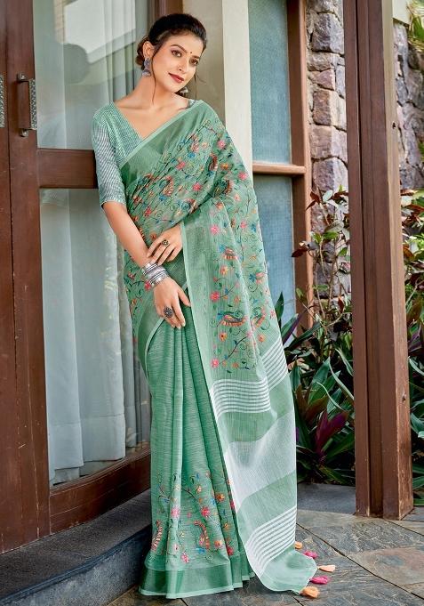 Sea Green Embroidered Poly Cotton Saree Set