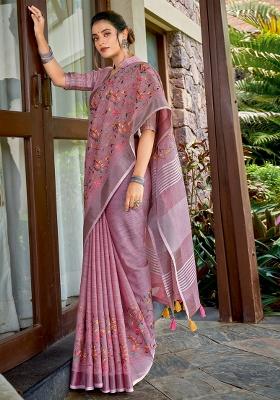 Purple Embroidered Poly Cotton Saree Set