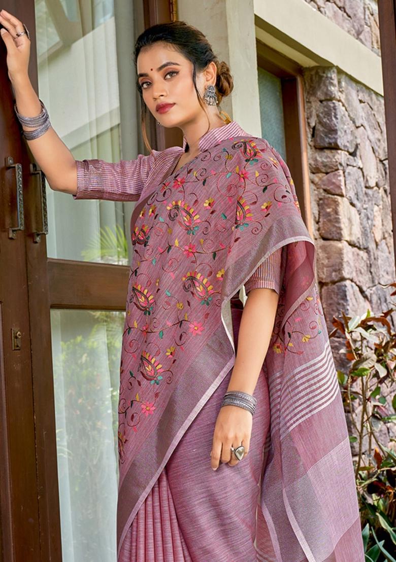 Purple Embroidered Poly Cotton Saree Set - Indya