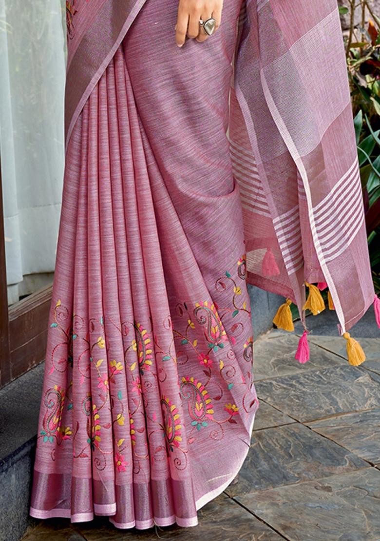 Purple Embroidered Poly Cotton Saree Set - Indya