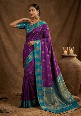 Purple Embroidered Banarasi Silk Saree Set