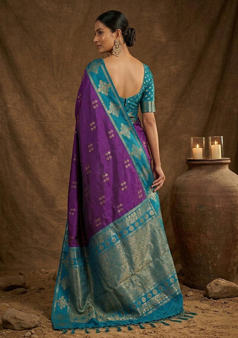 Purple Embroidered Banarasi Silk Saree Set - Indya