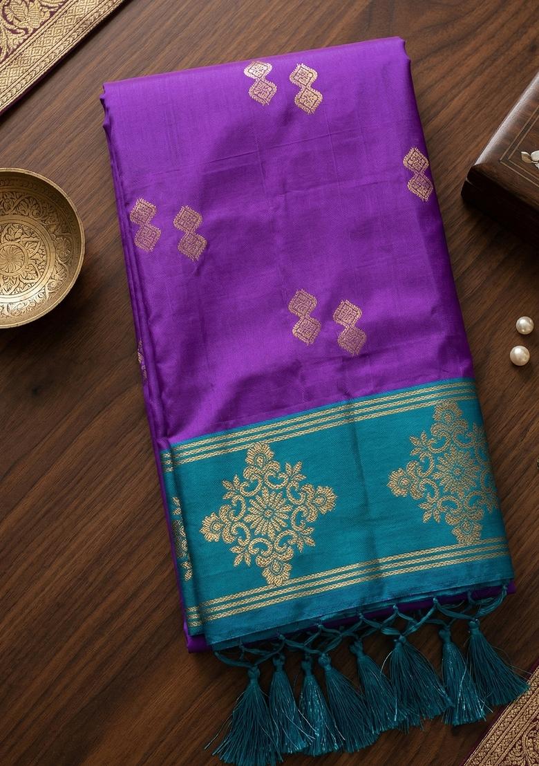 Purple Embroidered Banarasi Silk Saree Set - Indya
