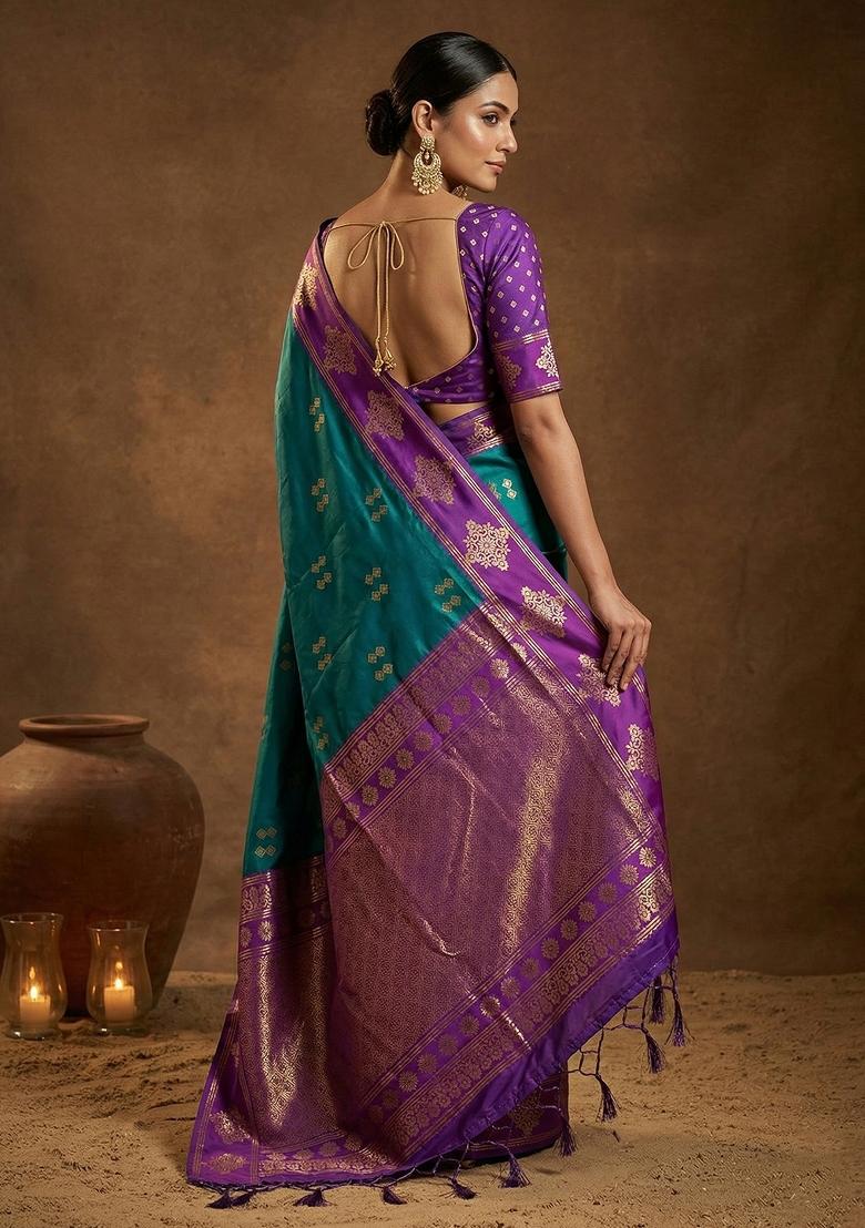 Teal Green Embroidered Banarasi Silk Saree Set - Indya