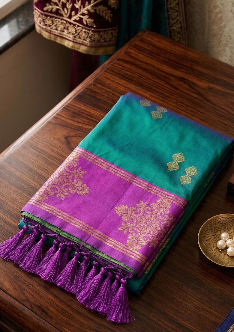 Teal Green Embroidered Banarasi Silk Saree Set - Indya